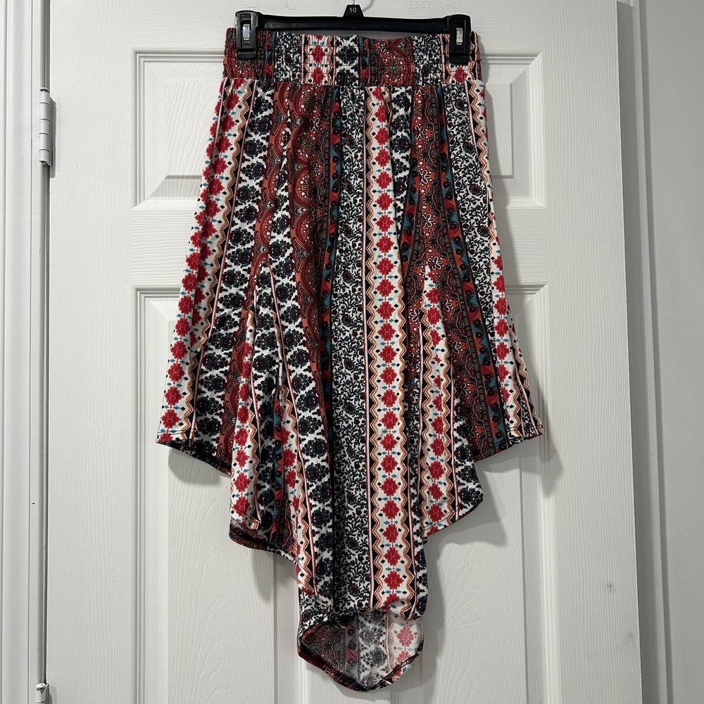 Living Doll Boho Festival Midi Skirt Womens High Low Flowy Elastic Waist Printed